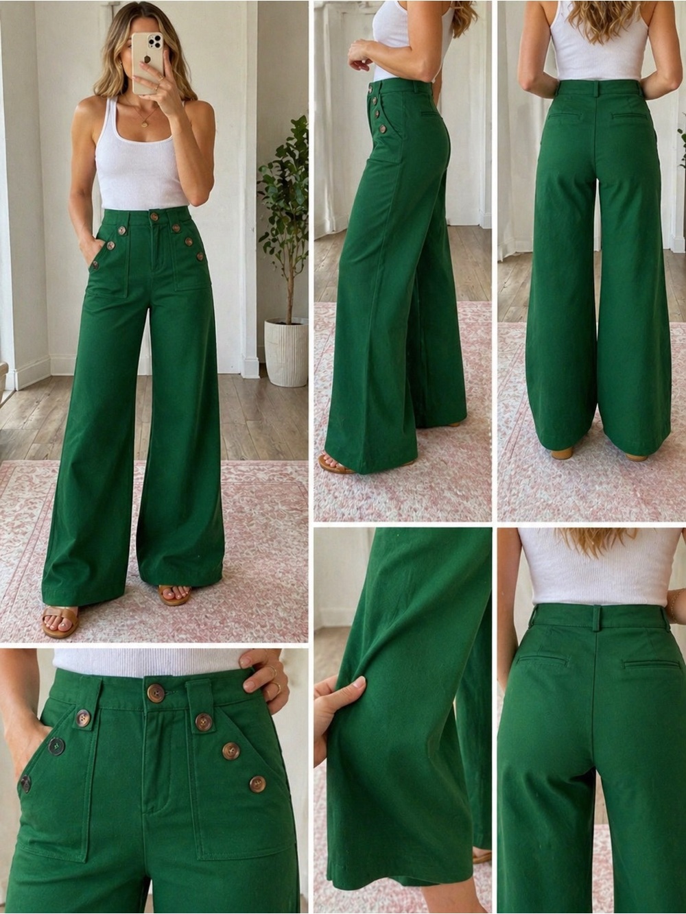 Corey Lynn Calter Green Wide Leg Pants High Rise Trouser Flare Size 12